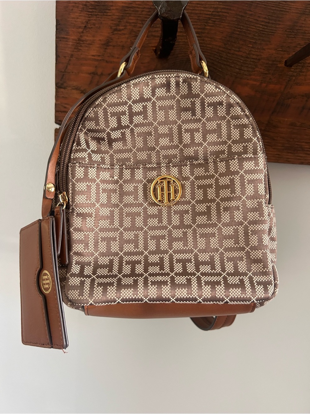 Tommy Hilfiger Brown Logo-print Mini Backpack with Leather Trim